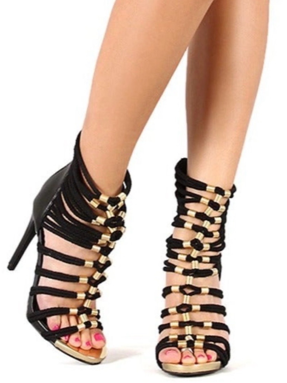Black Strappy High Heel Sandals with Gold Accents - wild rose